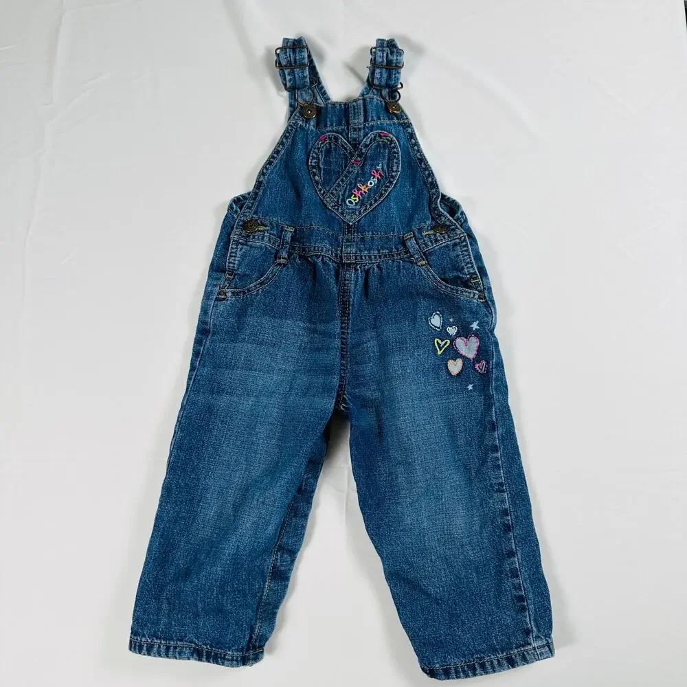 OshKosh B'gosh Embroidered Heart Embellished Denim Overalls Sz 18 mo